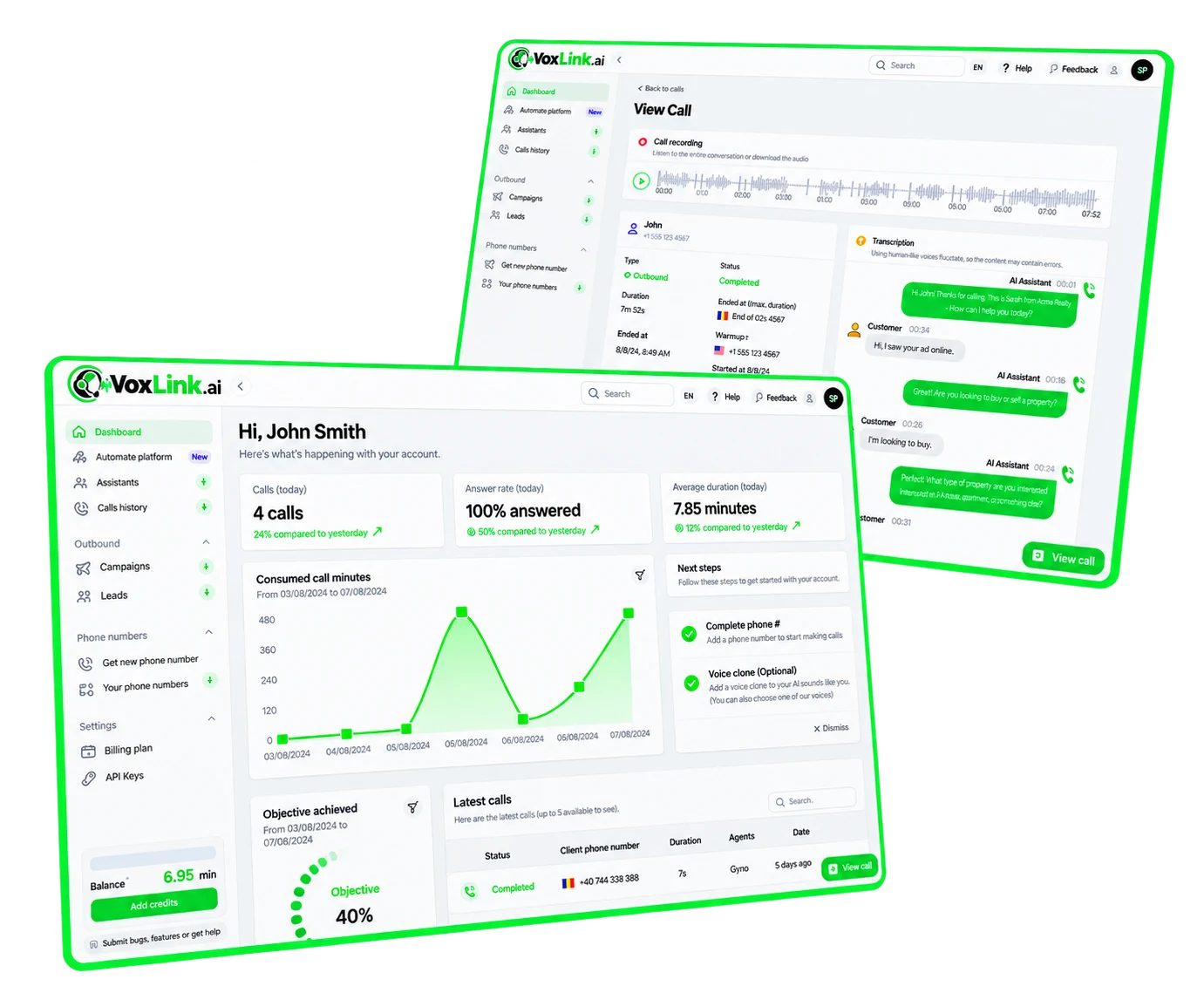 VoxLink dashboard and AI call view