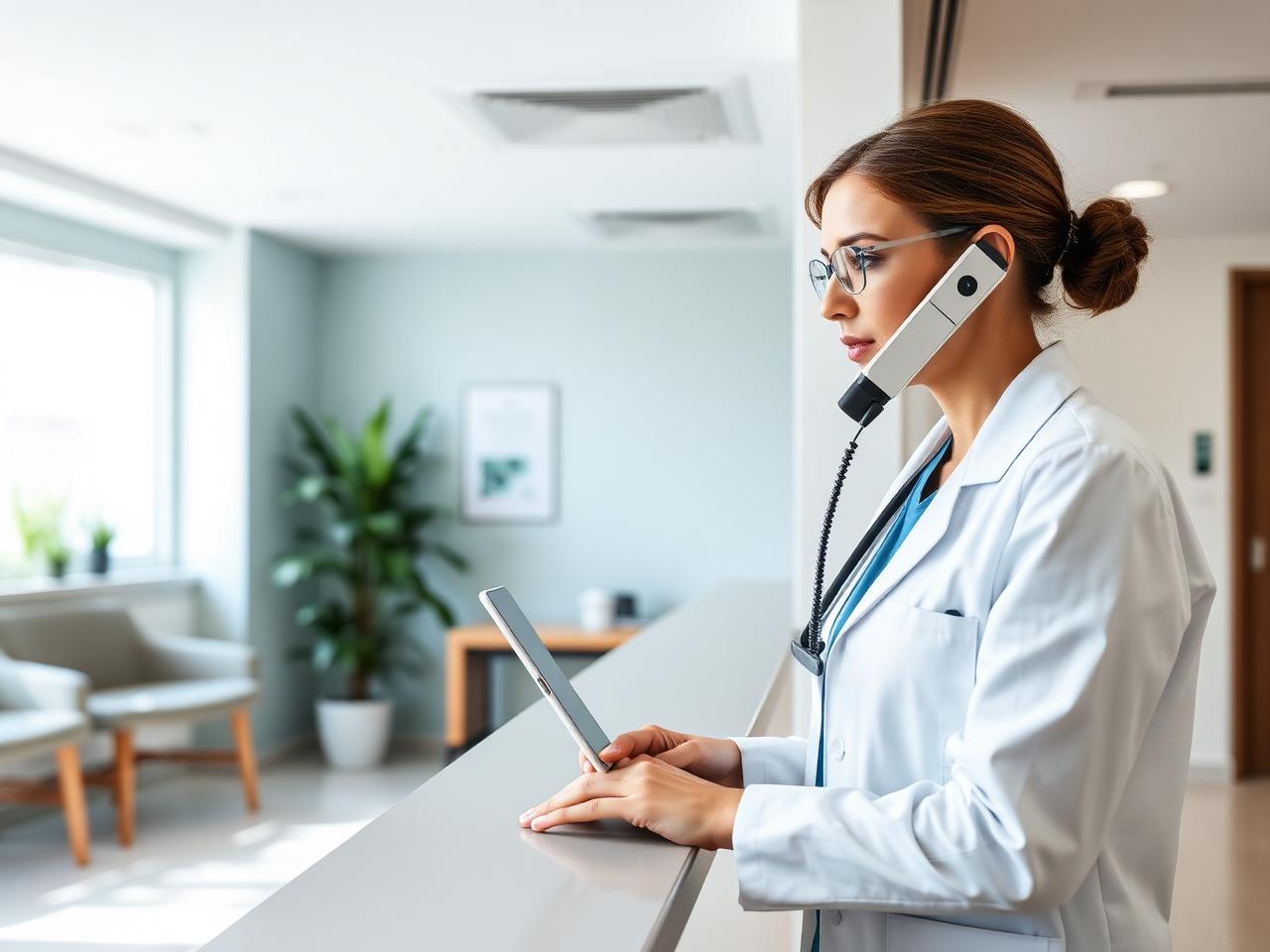 Illustration of a clinic phone line routing calls between an AI answering agent and front-desk staff