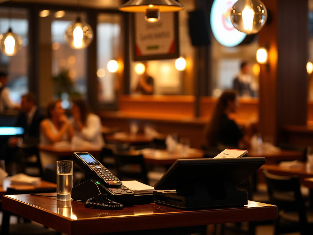 Illustration of a restaurant phone call being answered while staff serve tables
