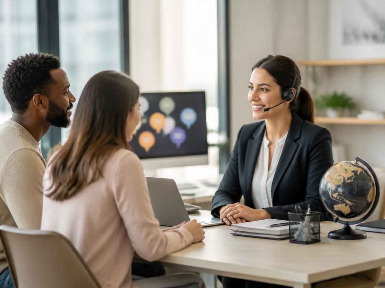 Migration agency receptionist with a headset helping a couple with their enquiry at the front desk